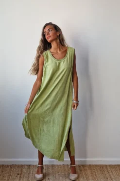 Vestido largo tipo lino verde pistacho