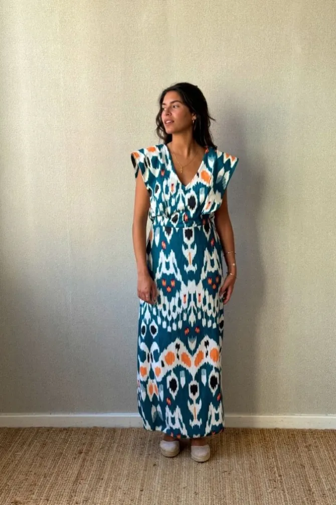 Vestido largo volante lateral estampado verde